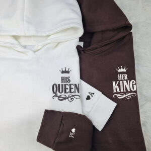 Her King x His Queen Custom Embroidered Matching Hoodies For Couples, Personalized Couple Sweatshirt, Couple Embroidered Sweatshirt, Valentine's Day Gifts Idea For Him Her