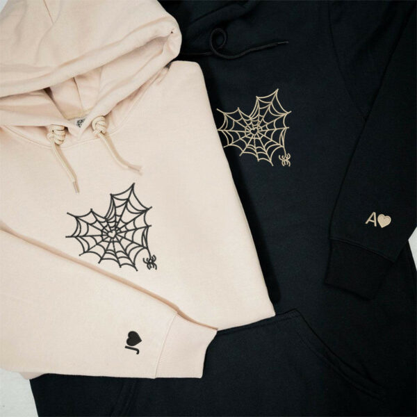 Custom Embroidered Spider Web Heart Matching Hoodies for Couples, Personalized Couple Sweatshirt, Couple Embroidered Sweatshirt, Valentine's Day Gifts Idea For Him Her