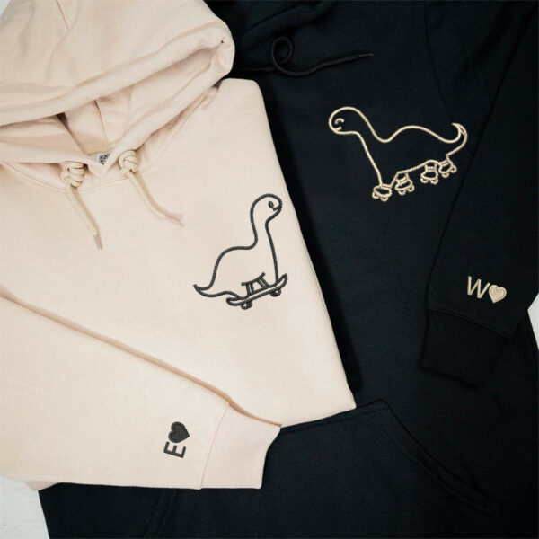 Custom Embroidered Skater Dino Matching Hoodies for Couples, Personalized Couple Sweatshirt, Couple Embroidered Sweatshirt, Valentine's Day Gifts Idea For Him Her - Image 3