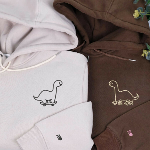 Custom Embroidered Skater Dino Matching Hoodies for Couples, Personalized Couple Sweatshirt, Couple Embroidered Sweatshirt, Valentine's Day Gifts Idea For Him Her