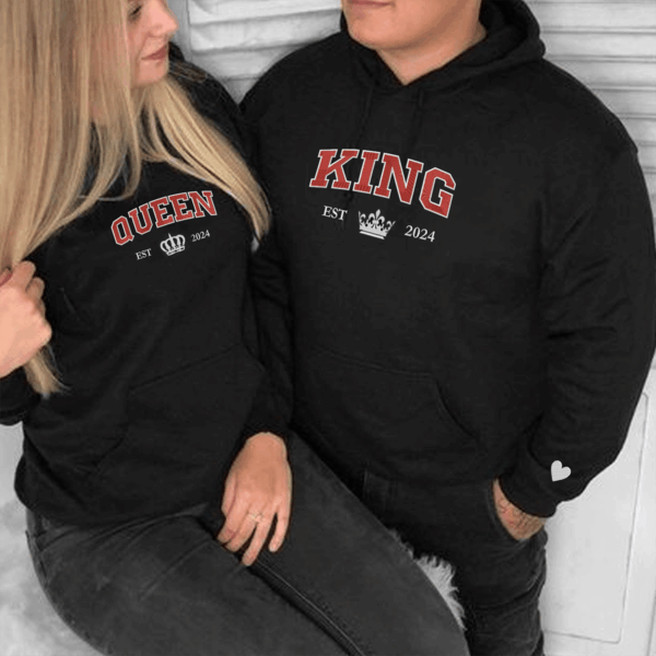 Custom Embroidered King and Queen Custom with Est Year Matching Hoodies for Couples, Personalized Couple Sweatshirt, Couple Embroidered Sweatshirt, Valentine's Day Gifts Idea For Him Her - Image 3