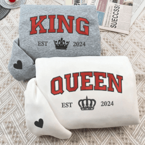 Custom Embroidered King and Queen Custom with Est Year Matching Hoodies for Couples, Personalized Couple Sweatshirt, Couple Embroidered Sweatshirt, Valentine's Day Gifts Idea For Him Her